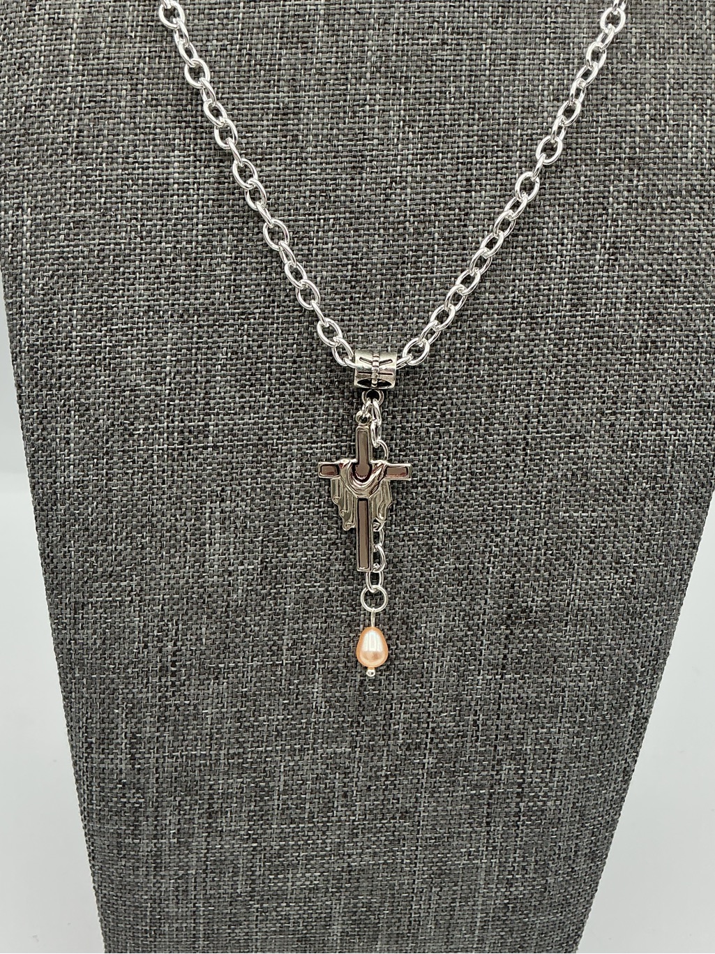 Silver Tone Vintage Cross Charm Necklace With Pearl Drop - Women Jewelry — image 3 of 5